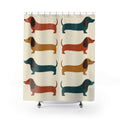Mid century colorful dachshund shower curtain with full front view