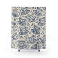 Blue floral teacups and saucers on cream shower curtain with full front view
