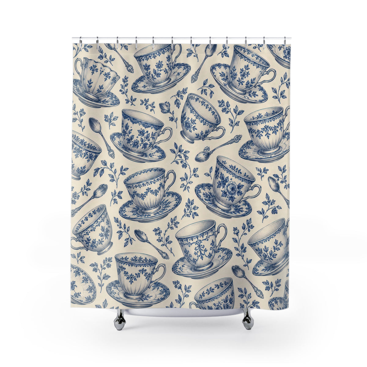 Blue floral teacups and saucers on cream shower curtain with full front view