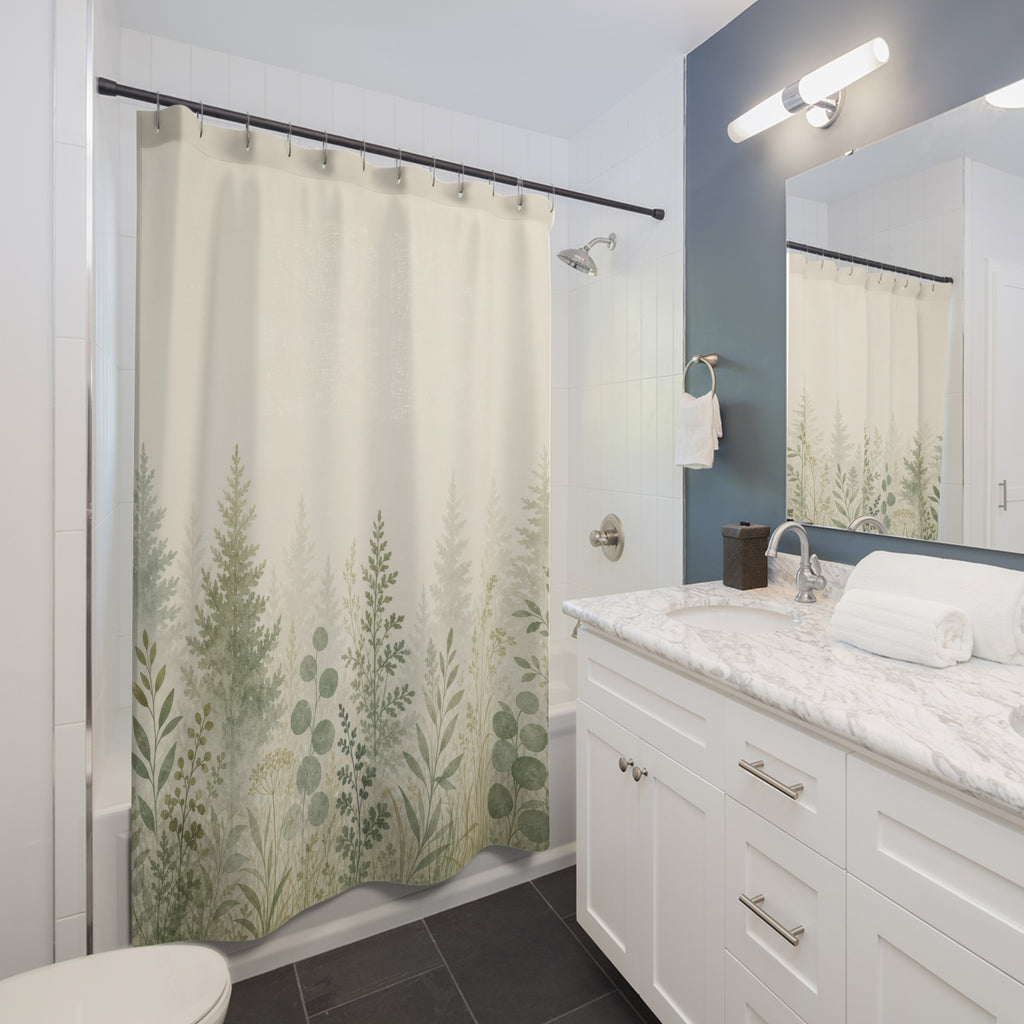 Minimal Green Tree Edge Print Shower Curtain