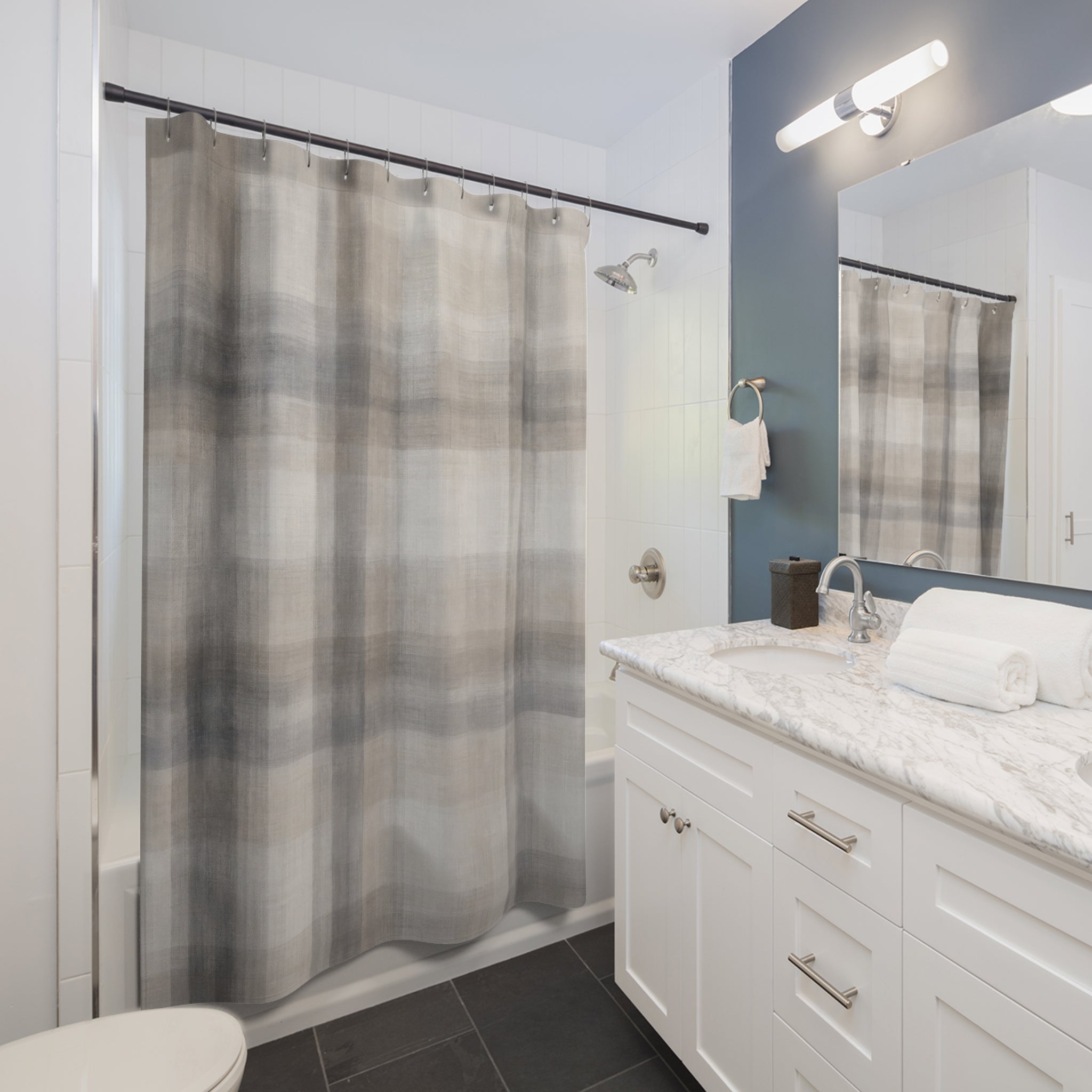 Plaid Shower Curtain, Gray Cream Bath Decor, Soft Checkered Pattern, Neutral Farmhouse Guest Bathroom Decor, Classic Gray Plaid Style