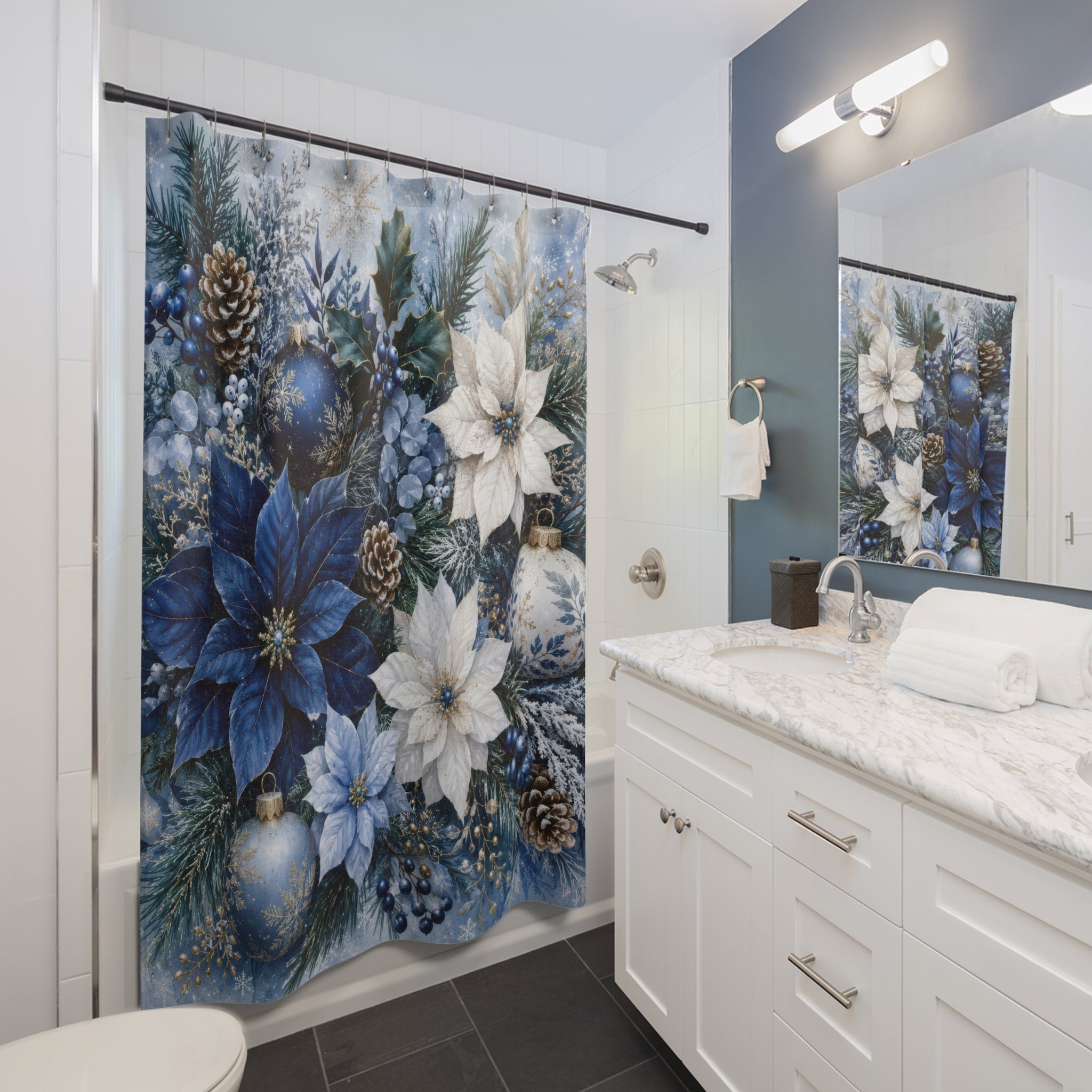 Winter Christmas Shower Curtain: Blue White Floral Holiday