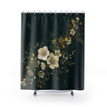 Winter hellebores and evergreen garland on forest green shower curtain with full front view