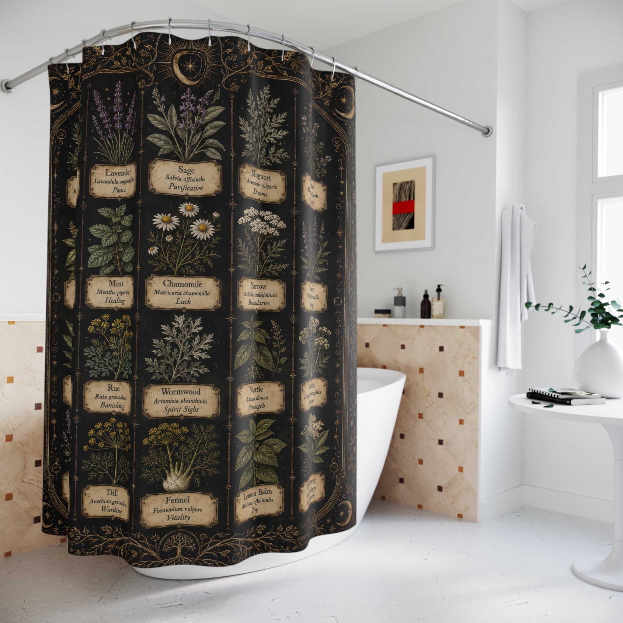Dark Academia Shower Curtain: Apothecary Herbs