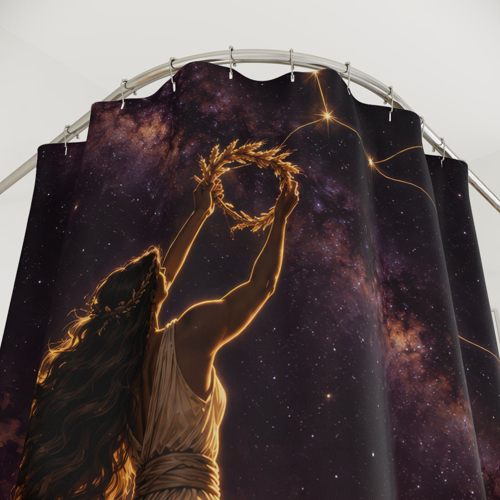Virgo maiden raising a wheat wreath at sunset shower curtain with close-up print, hooks, and folds