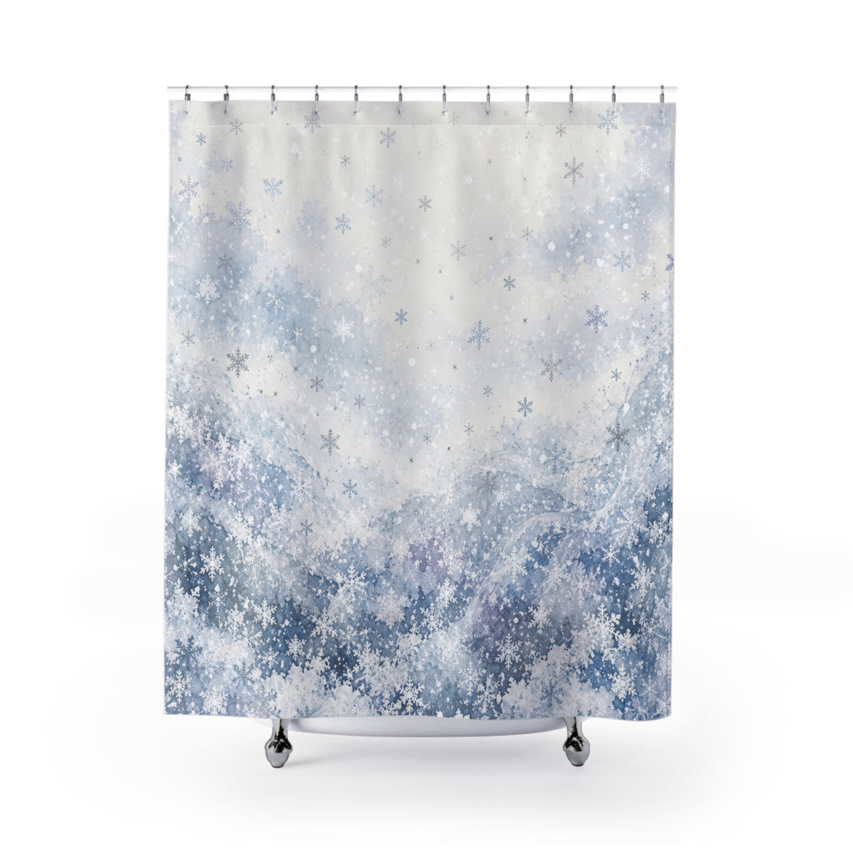 Pale blue watercolor snowfall shower curtain with full front view