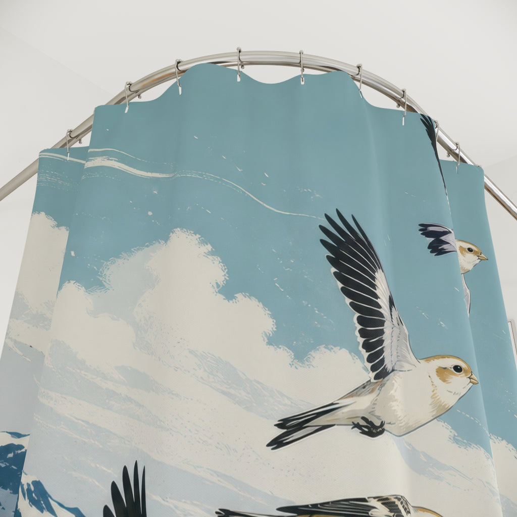 Snow buntings above blue mountains shower curtain with close-up print, hooks, and folds