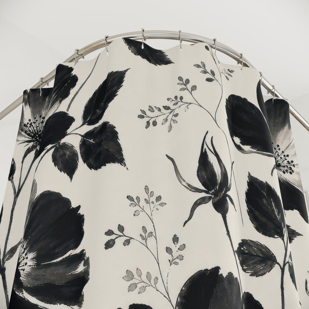 Floral Shower Curtain, Black White Painterly Flower Pattern, Modern Farmhouse Bathroom Decor, Graphic Guest Bath Botanical Style