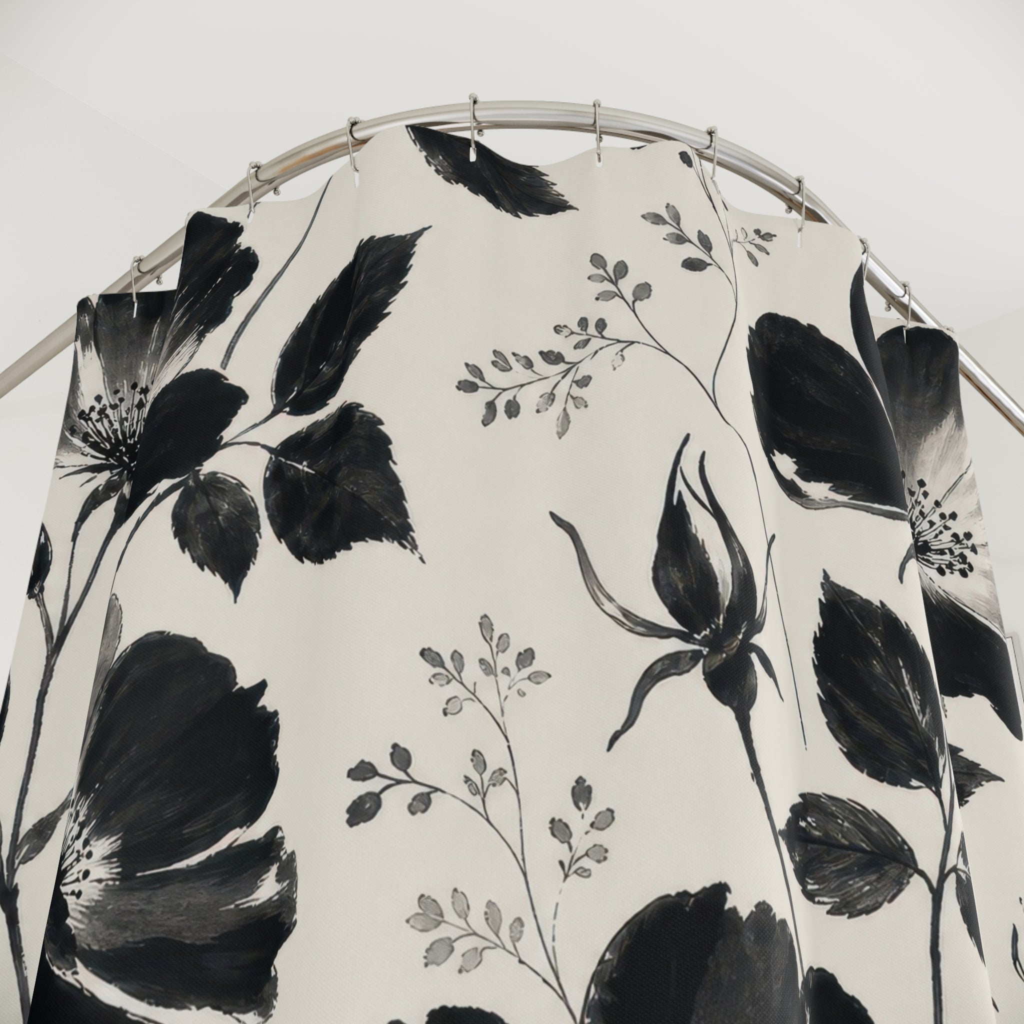 Floral Shower Curtain, Black White Painterly Flower Pattern, Modern Farmhouse Bathroom Decor, Graphic Guest Bath Botanical Style