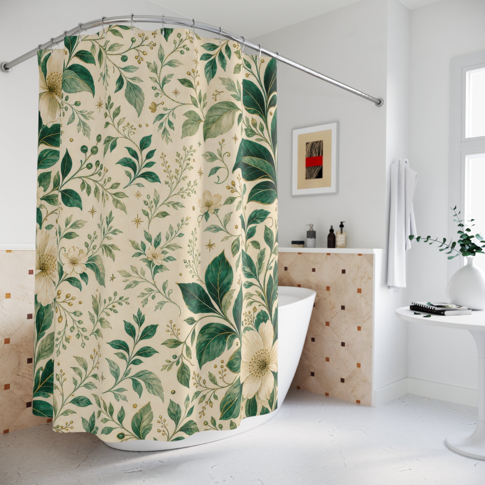 Emerald Botanical Green White Shower Curtain