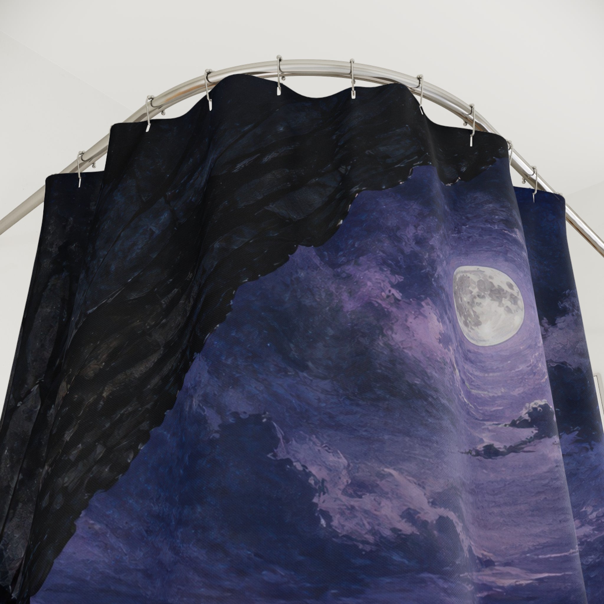 Moonlit ocean cove beneath a dark basalt arch shower curtain with close-up print, hooks, and folds