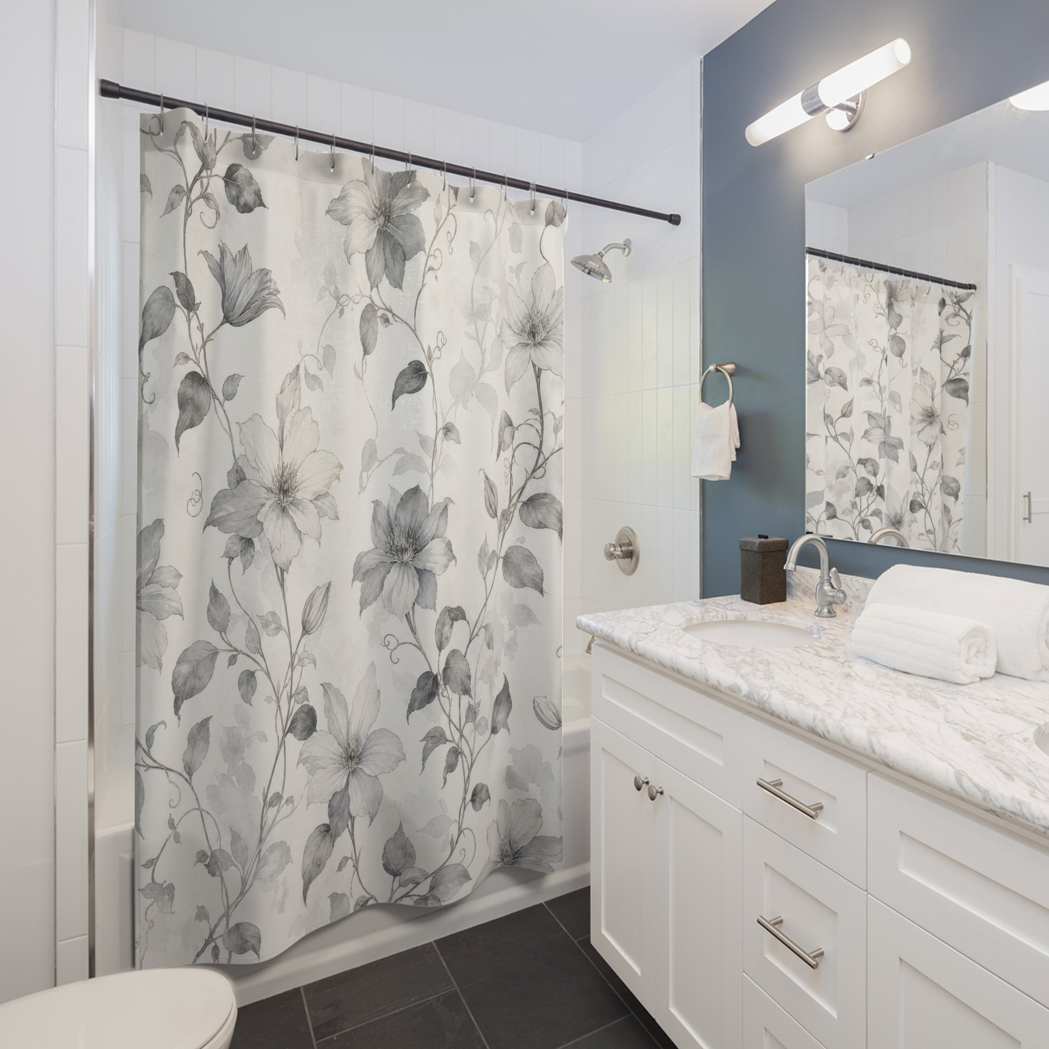 Gray White Botanical Vine Shower Curtain