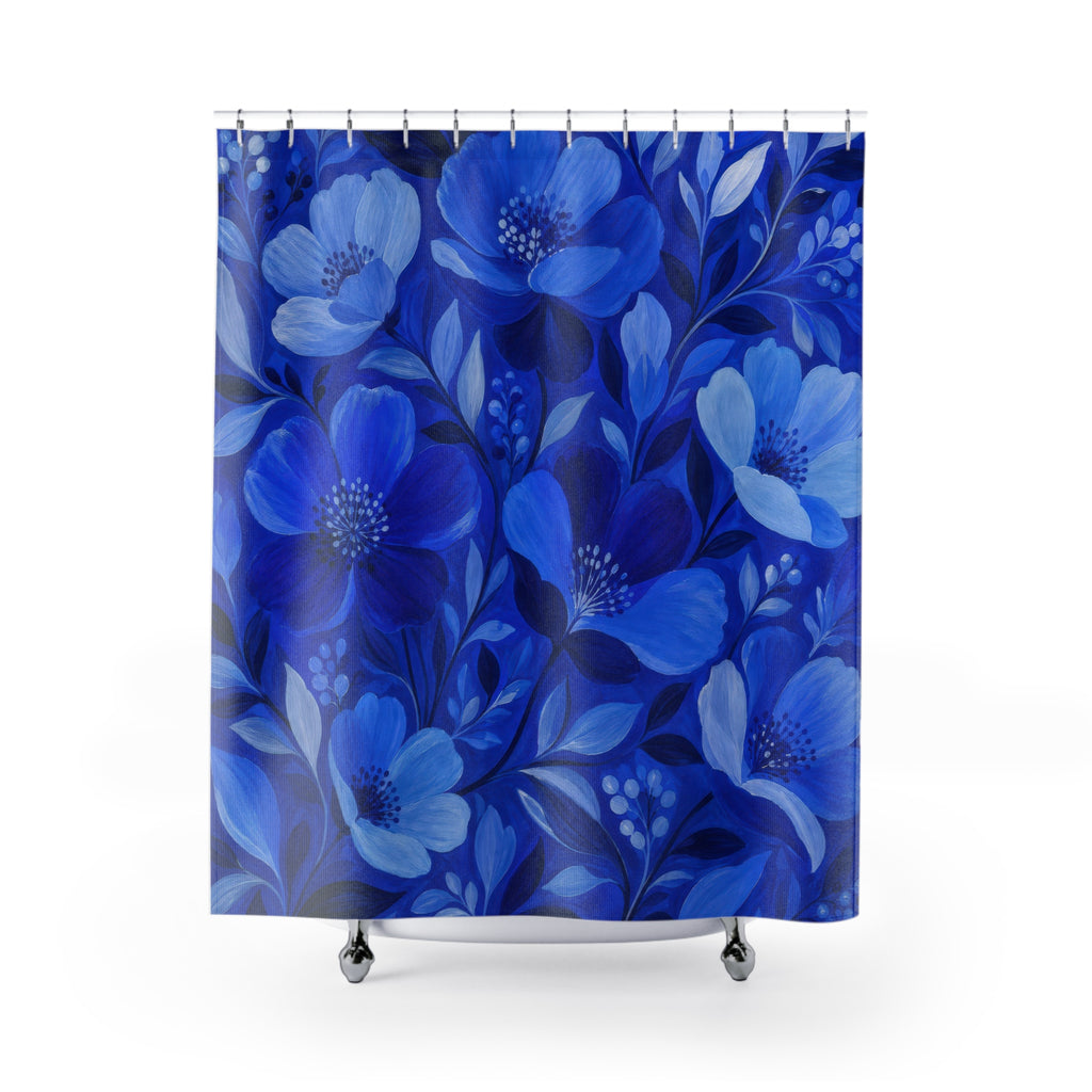 Blue Floral Shower Curtain, Deep Blue Botanical Bathroom Decor, Blue Floral Bath Curtain, Guest Bath Decor, Small Bathroom Decor, Home Decor