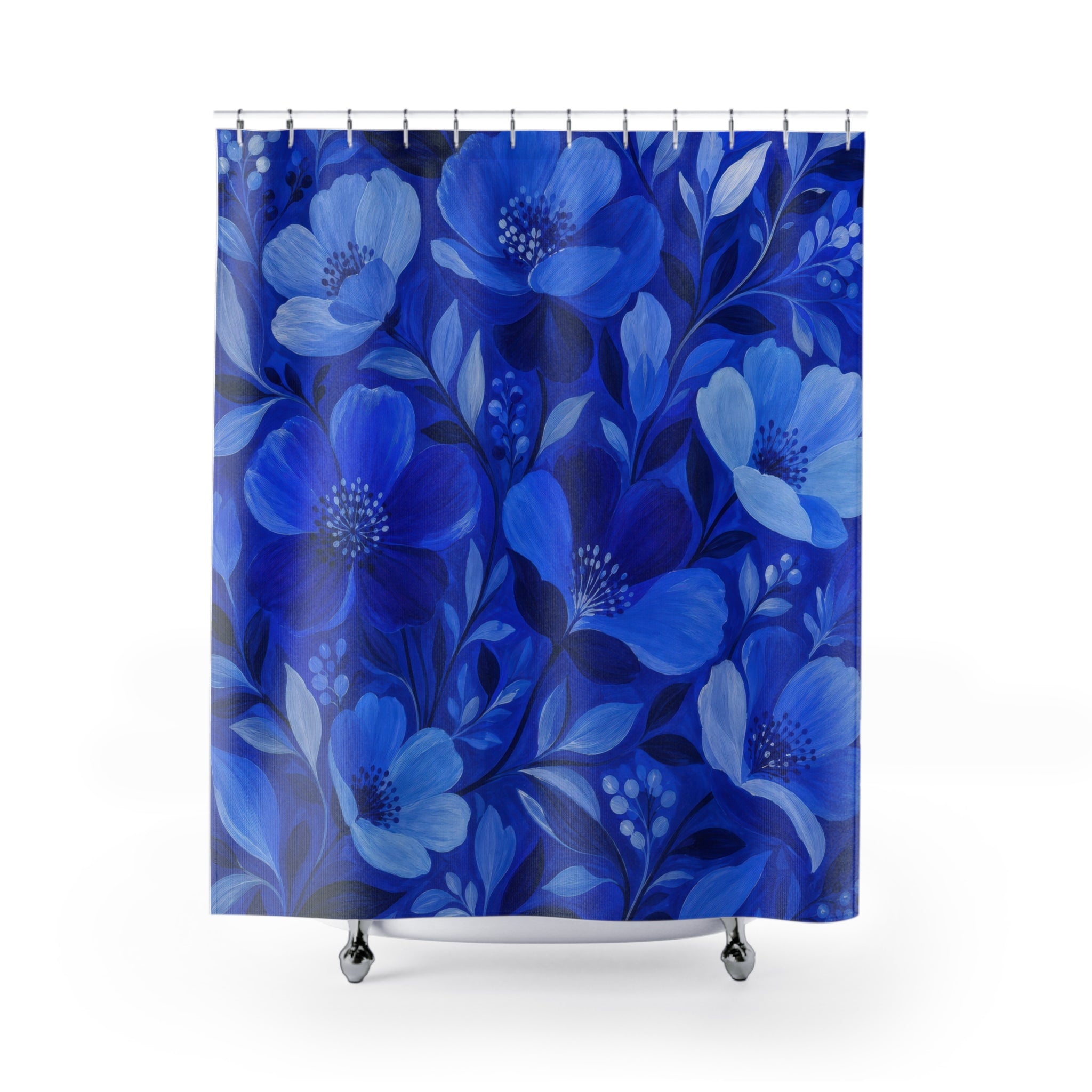 Blue Floral Shower Curtain, Deep Blue Botanical Bathroom Decor, Blue Floral Bath Curtain, Guest Bath Decor, Small Bathroom Decor, Home Decor
