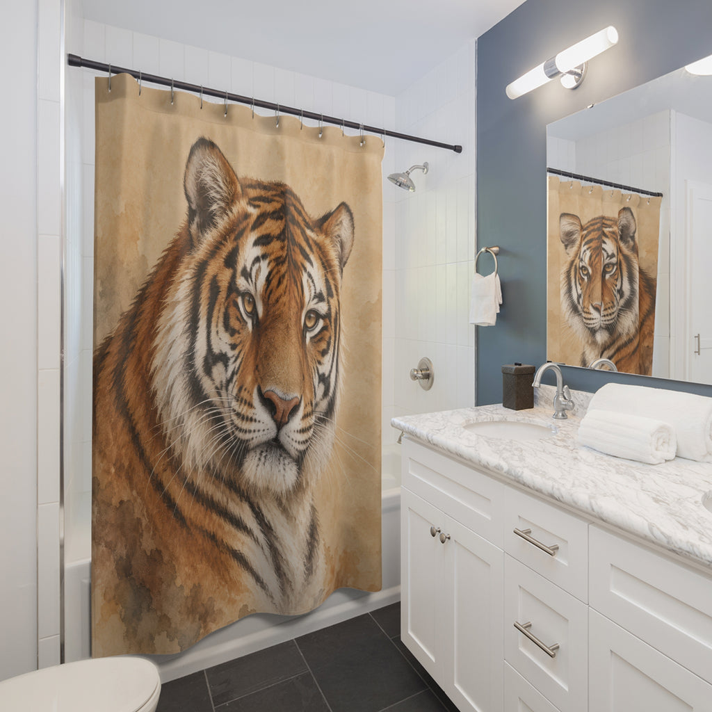 Orange and black tiger portrait on beige watercolor shower curtain beside a white vanity