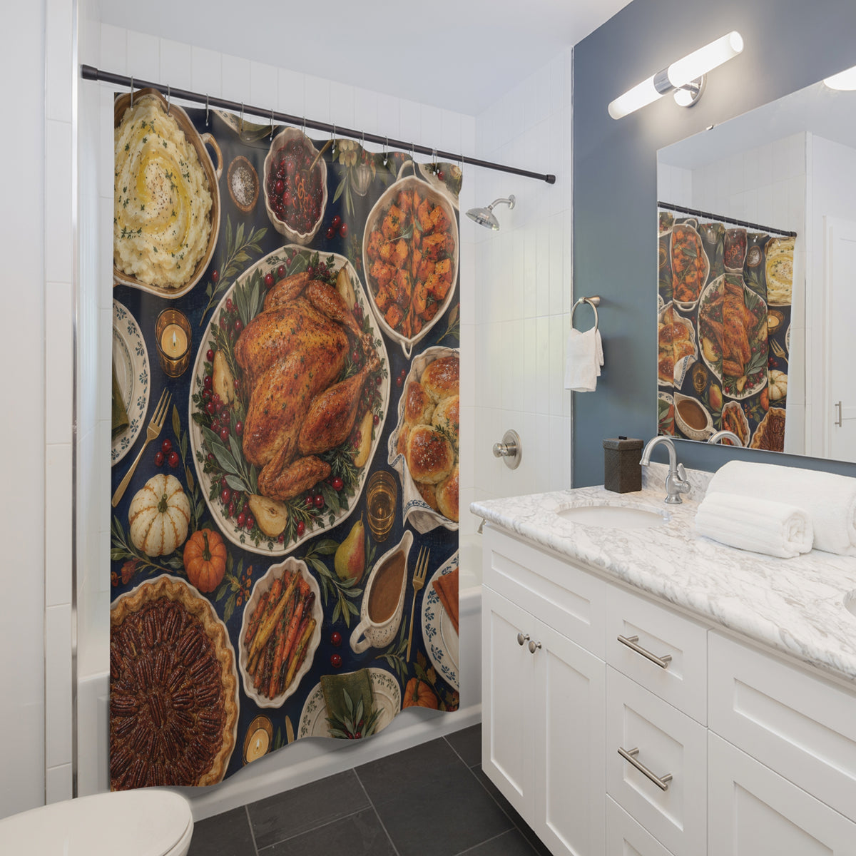 Roast turkey feast with cream dishes on navy shower curtain beside a white vanity