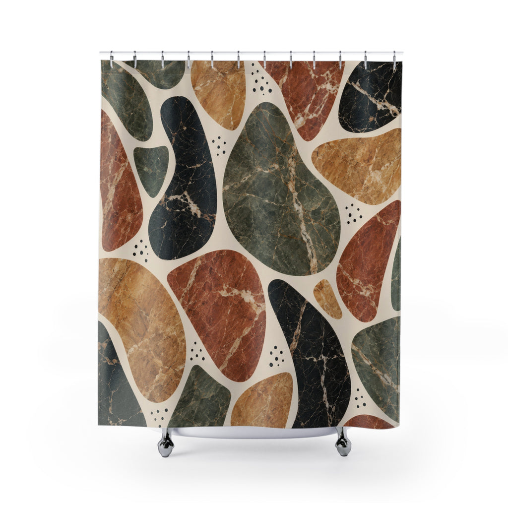 Sage, terracotta, ochre and black marble shapes on cream shower curtain with full front view