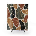 Sage, terracotta, ochre and black marble shapes on cream shower curtain with full front view
