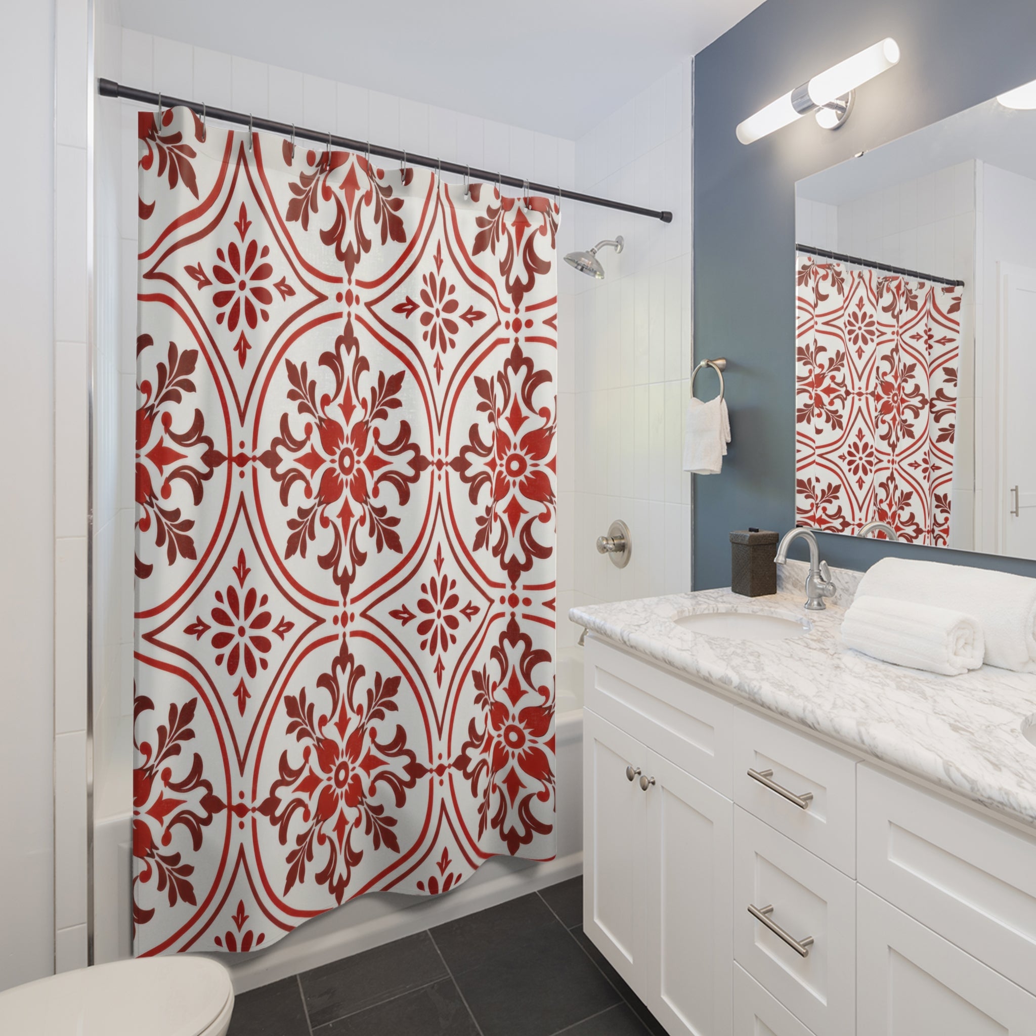 Red White Moroccan Tile Shower Curtain
