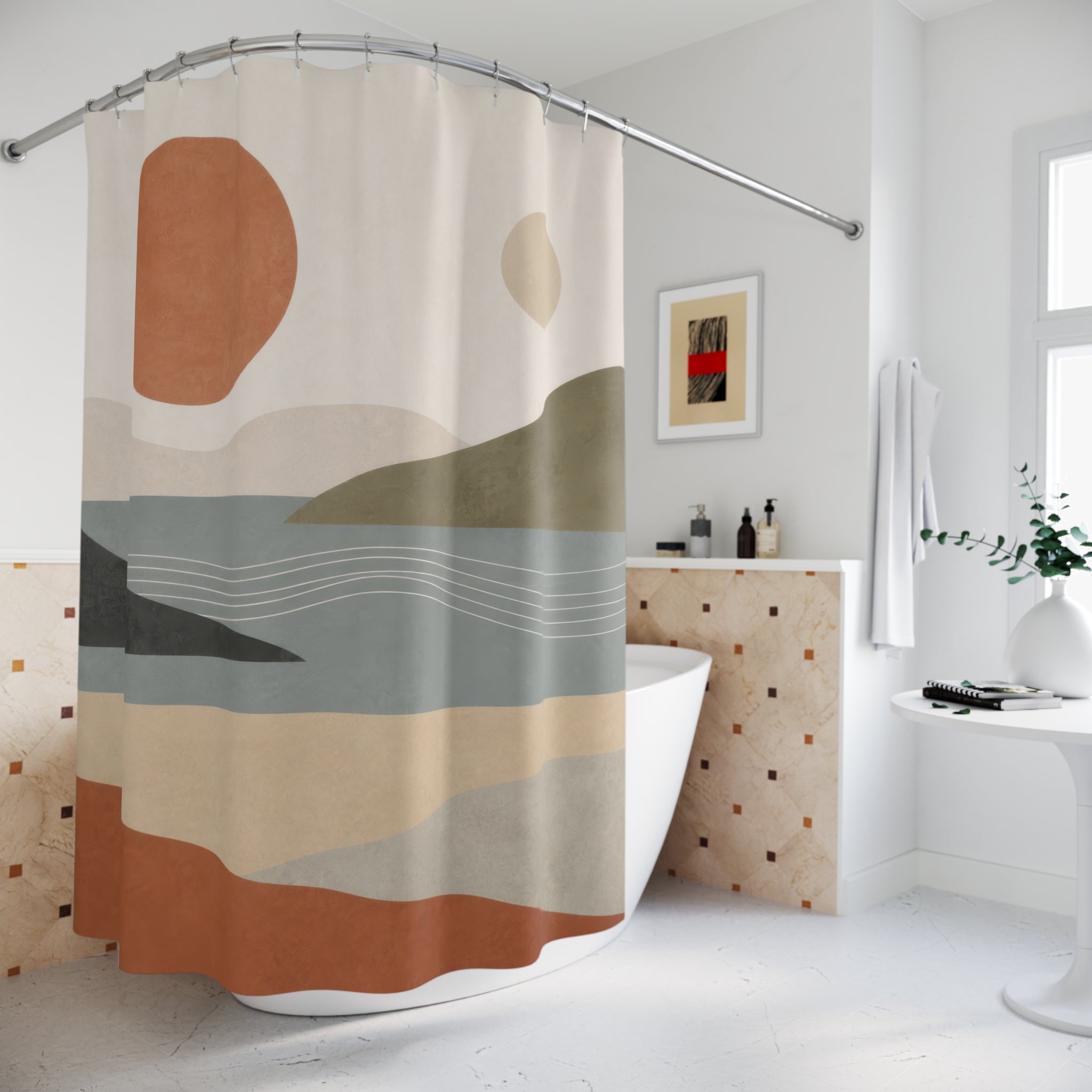 Abstract Landscape Shower Curtain, Terracotta Sage Blue Hills and Sun, Modern Art Decor, Calm Nature Bathroom Style, Scenic Bath Decor