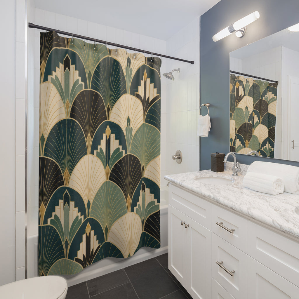 Art Deco Shower Curtain, Teal Gold Fan Geometric Pattern, Glam Green Bathroom Decor, Elegant Teal Glam Wall Decor Guest Bath Wall Gift