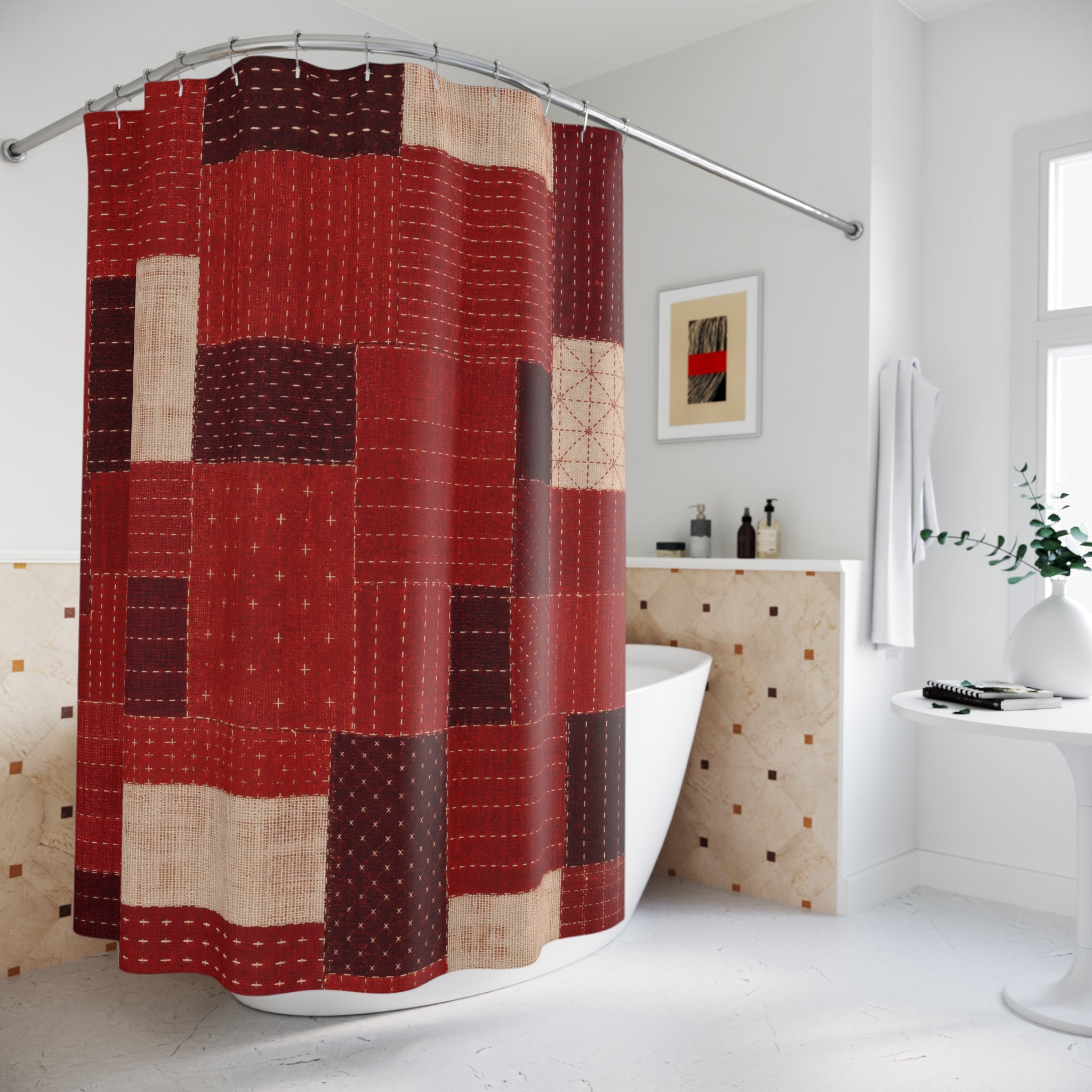 Patchwork Geometric Red Shower Curtain