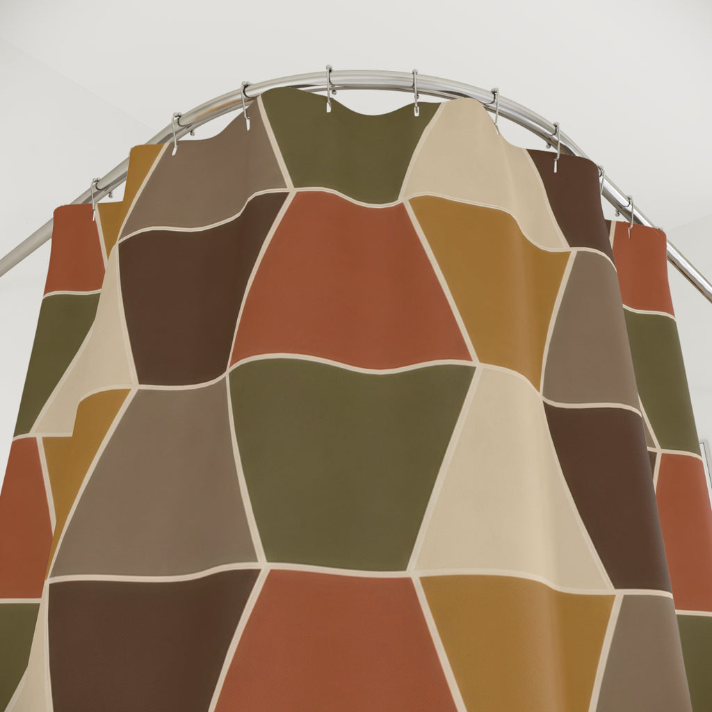 Terracotta and olive trapezoids with cream lines shower curtain with close-up print, hooks, and folds
