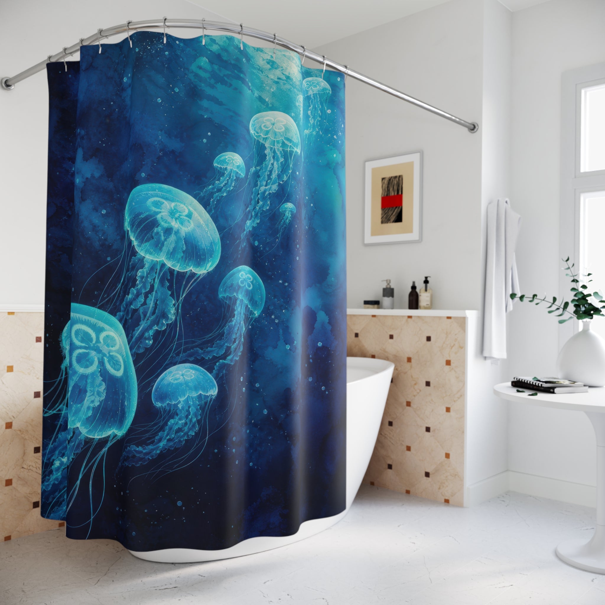 Luminous Teal Jellyfish Shower Curtain