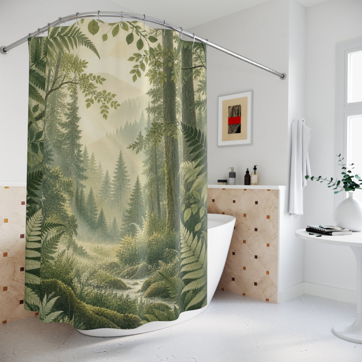 Fern-framed forest clearing with a winding stream shower curtain beside a freestanding tub