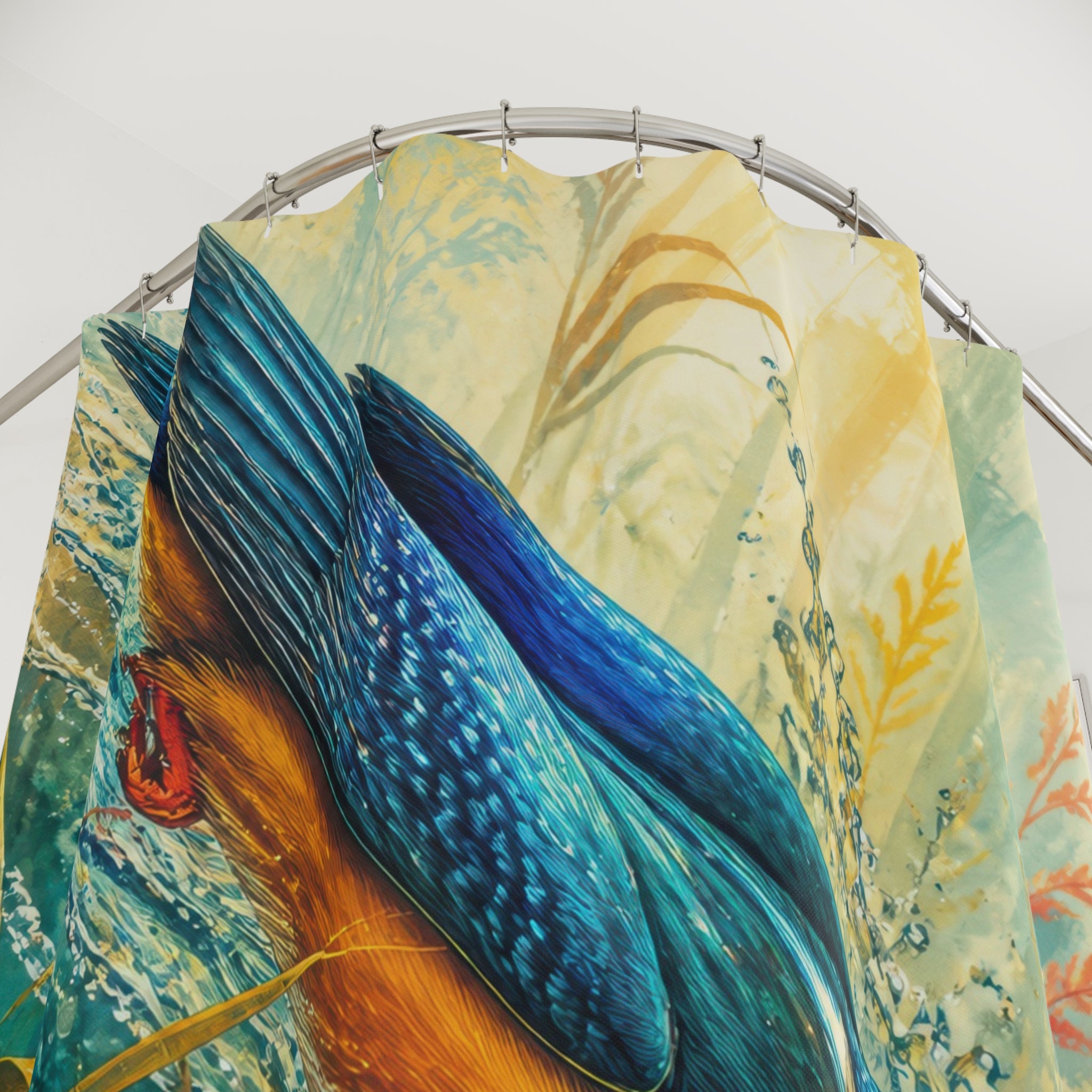 Close-up of Jewel toned kingfisher diving through sapphire river reeds shower curtain with hooks and folds