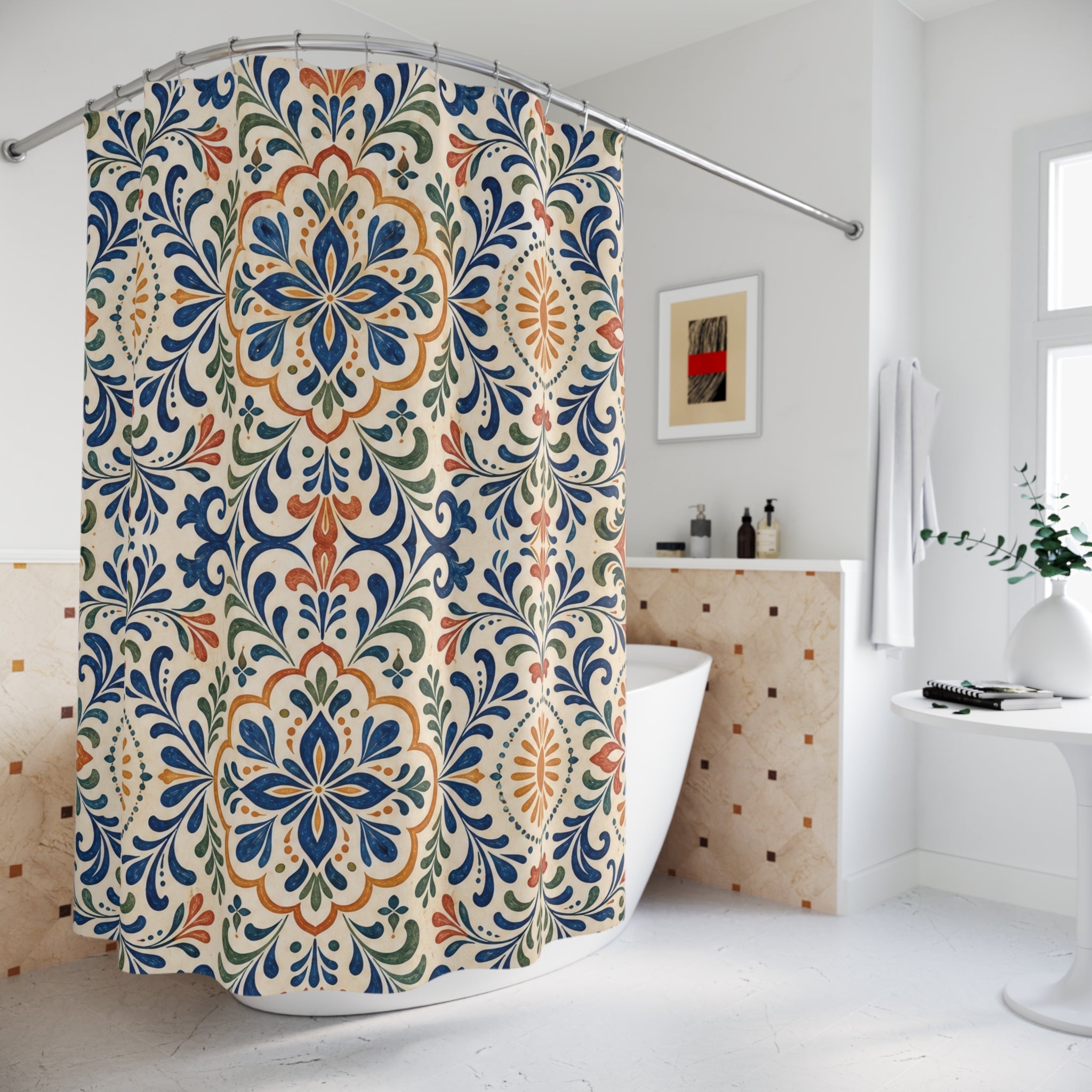 Blue Terracotta Floral Tile Shower Curtain