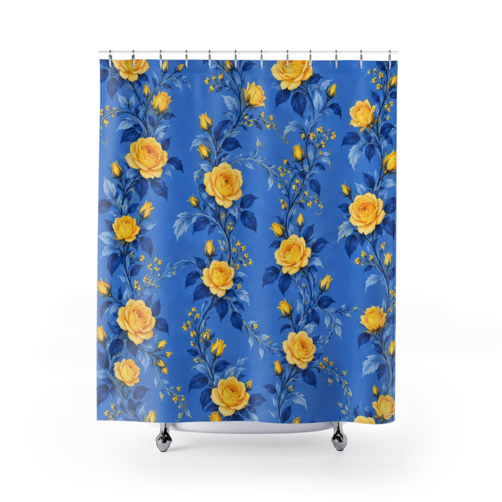 Yellow rose garlands with blue leaves on cornflower blue shower curtain with full front view