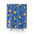 Yellow rose garlands with blue leaves on cornflower blue shower curtain with full front view