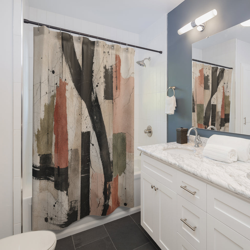 Abstract Shower Curtain, Muted City Shapes, Beige Teal Terracotta Bathroom Decor, Modern Geometric Art, Soft Urban Guest Bath, Warm Decor