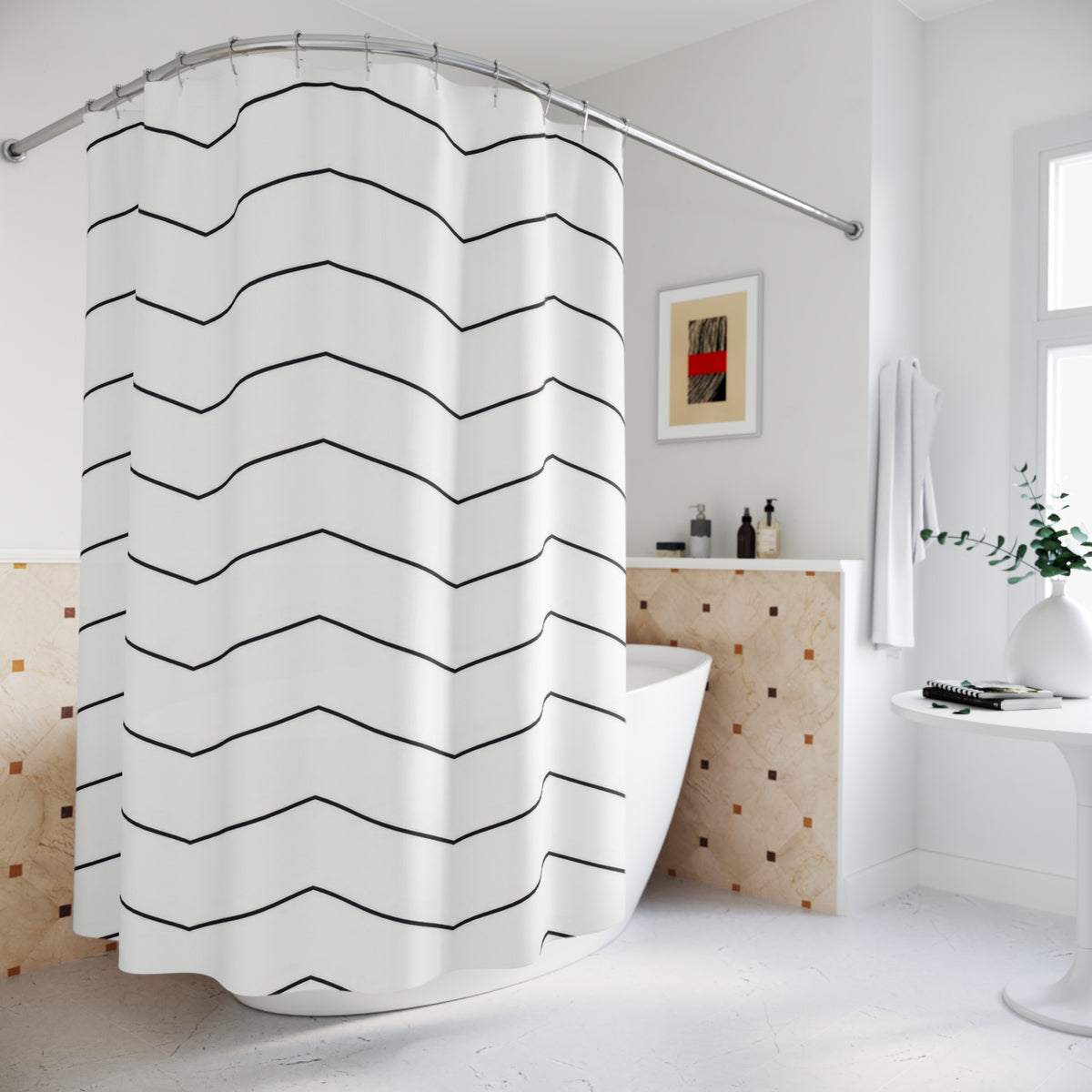 Fine black chevron rows on an open white ground shower curtain beside a freestanding tub