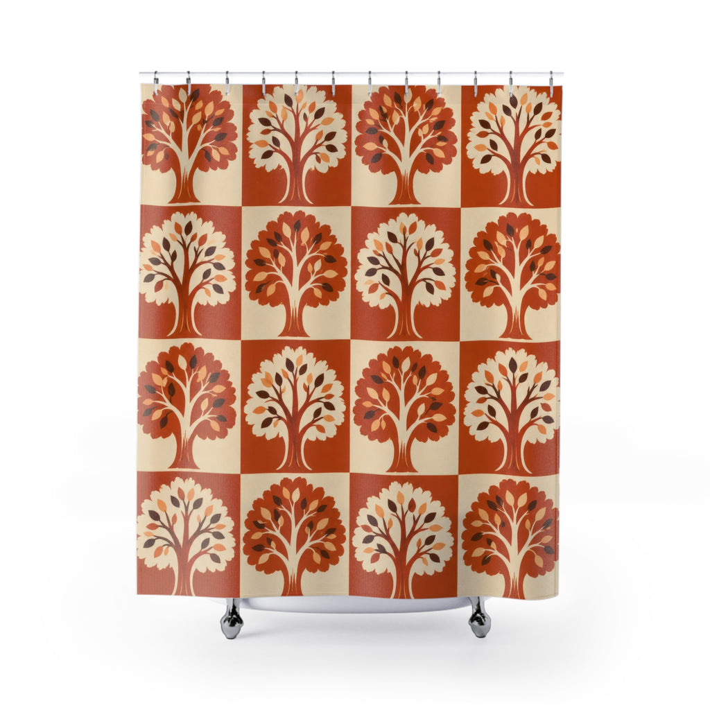 Orange and cream tree checkerboard shower curtain with full front view