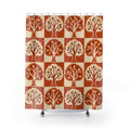 Orange and cream tree checkerboard shower curtain with full front view