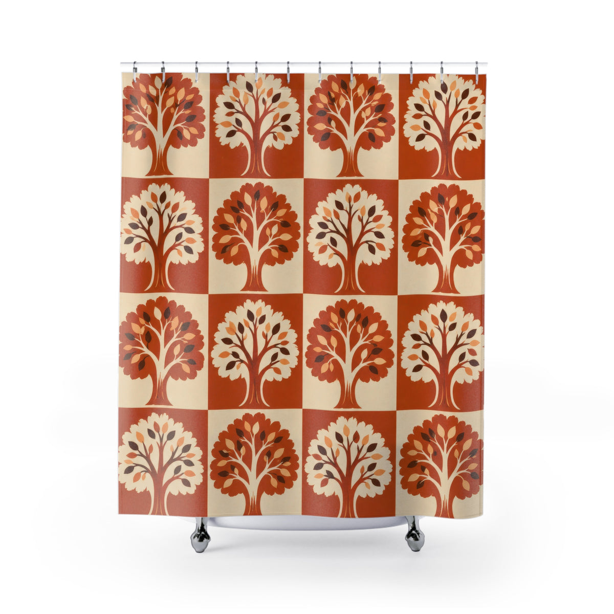 Orange and cream tree checkerboard shower curtain with full front view