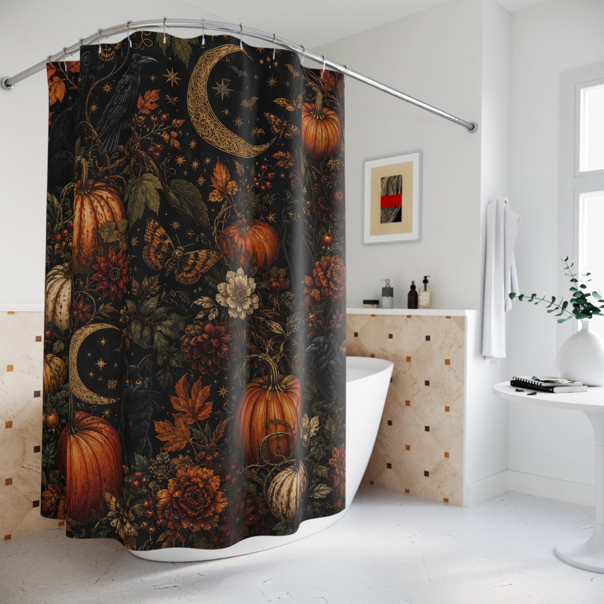 Halloween Shower Curtain: Gothic Pumpkin Cat