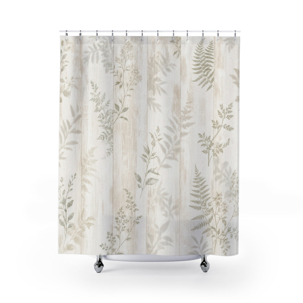 Botanical Shower Curtain, White Farmhouse Bath Decor, Sage Fern Leaf Pattern, Cream Guest Bathroom Decor, Soft Natural Style Decor