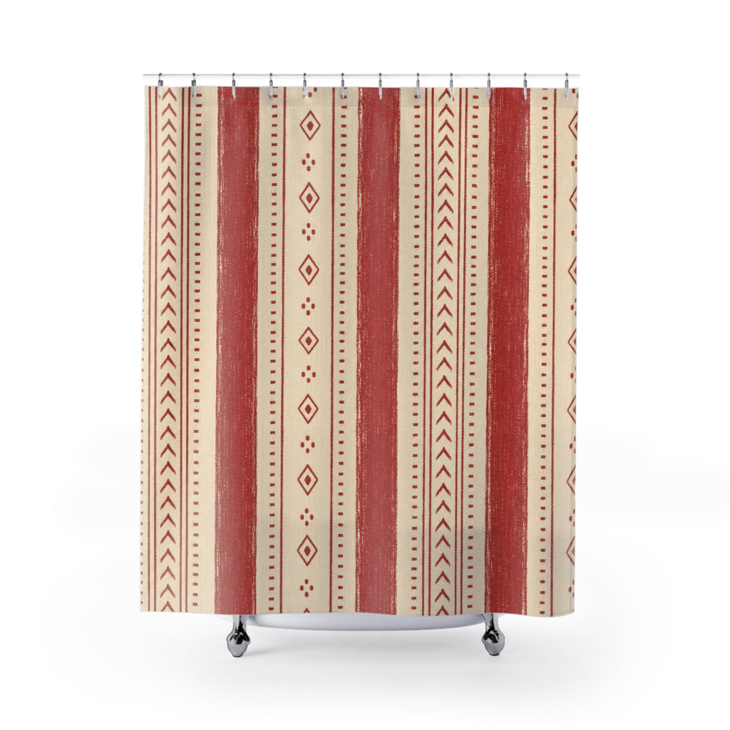 Red and White Boho Stripe Shower Curtain: Warm Ivory Artisan