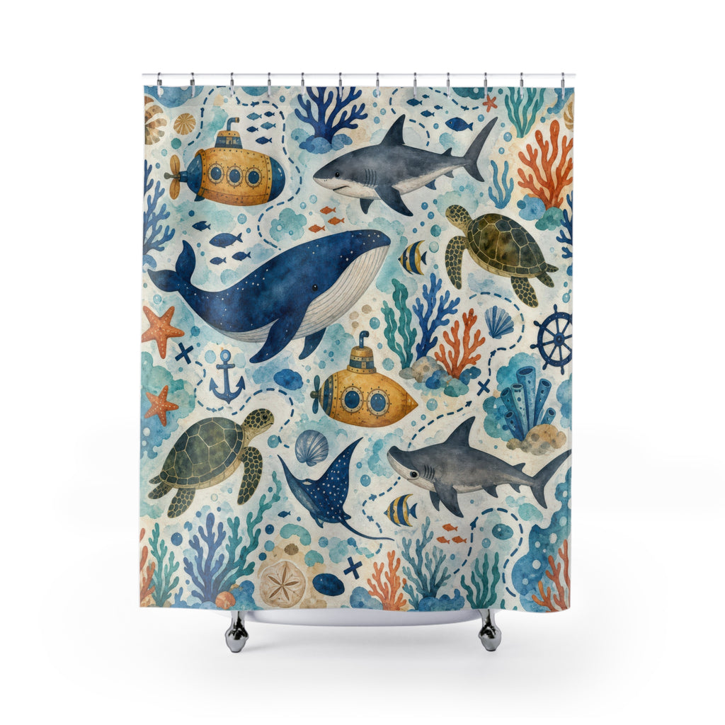 Ocean Adventure Shower Curtain, Whale and Sea Turtle Bathroom Decor, Submarine Bath Curtain, Coastal Kids Bathroom Art, Blue Bath, Bath Art
