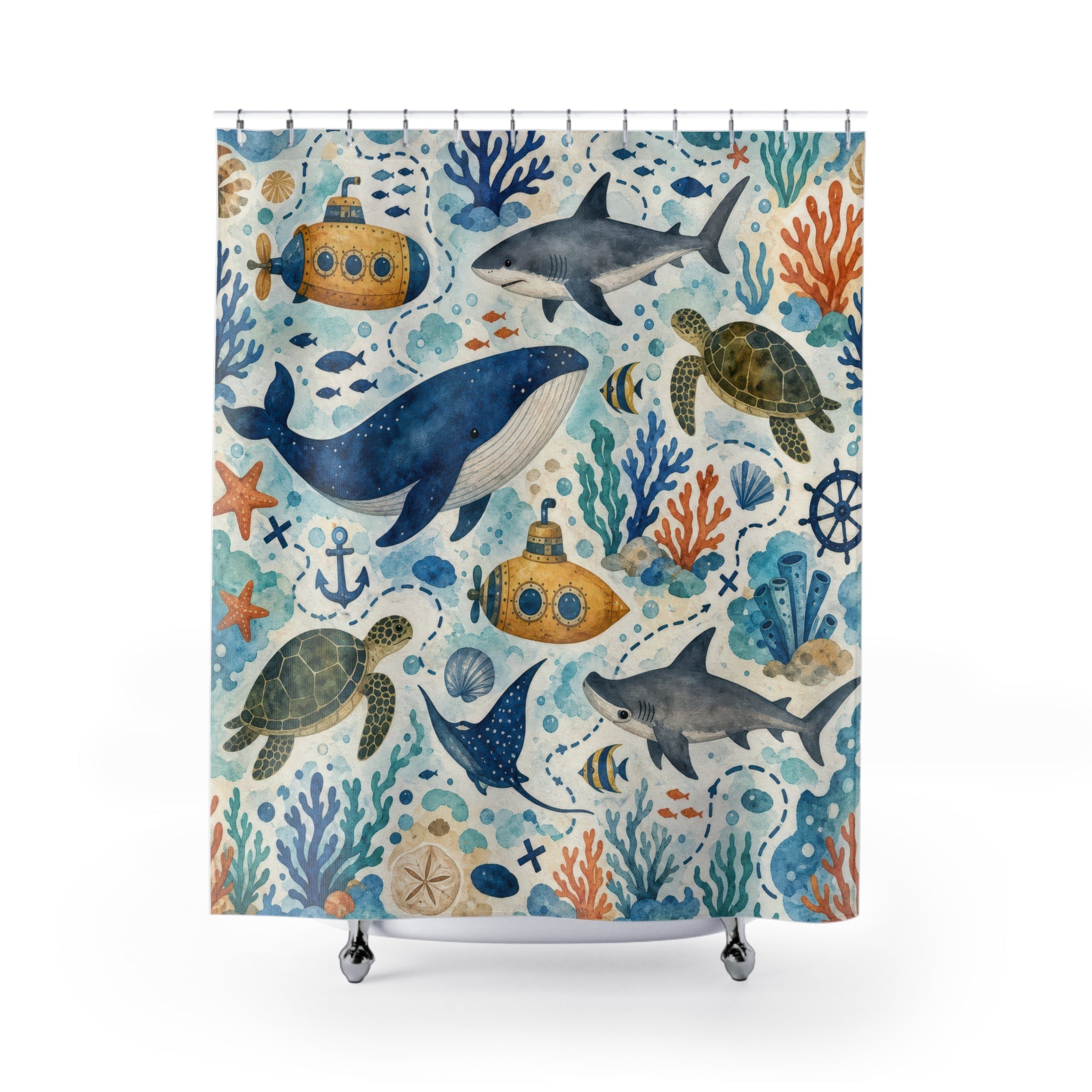 Ocean Adventure Shower Curtain, Whale and Sea Turtle Bathroom Decor, Submarine Bath Curtain, Coastal Kids Bathroom Art, Blue Bath, Bath Art