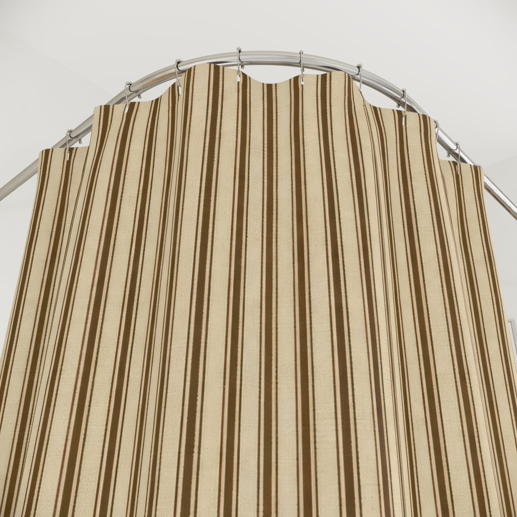 Ticking Stripe Shower Curtain, Tan Brown Farmhouse Bath Decor, Ribbed Narrow Stripe Pattern, Warm Neutral Guest Bathroom Decor Style