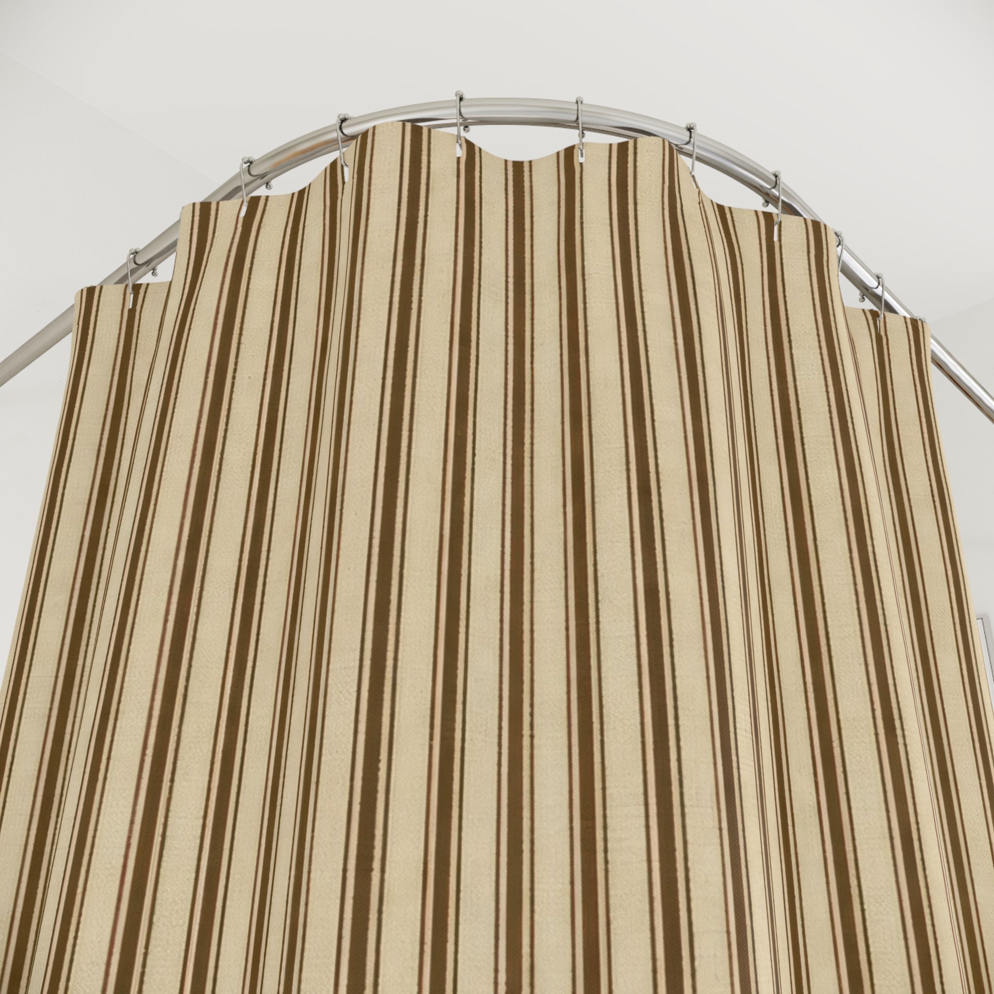 Ticking Stripe Shower Curtain, Tan Brown Farmhouse Bath Decor, Ribbed Narrow Stripe Pattern, Warm Neutral Guest Bathroom Decor Style
