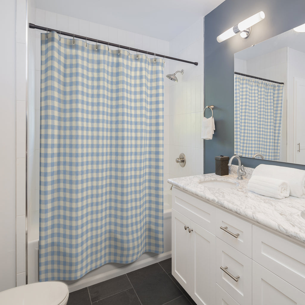 Gingham Shower Curtain, Blue Checkered Bath Decor, Small Blue White Check Pattern, Classic Farmhouse Guest Bathroom Decor, Blue Style
