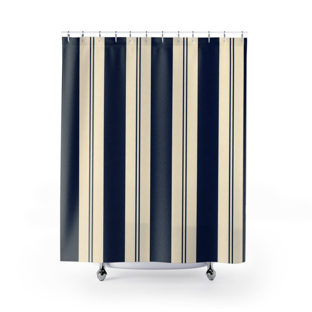 Navy Cream Tan Vertical Stripe Shower Curtain