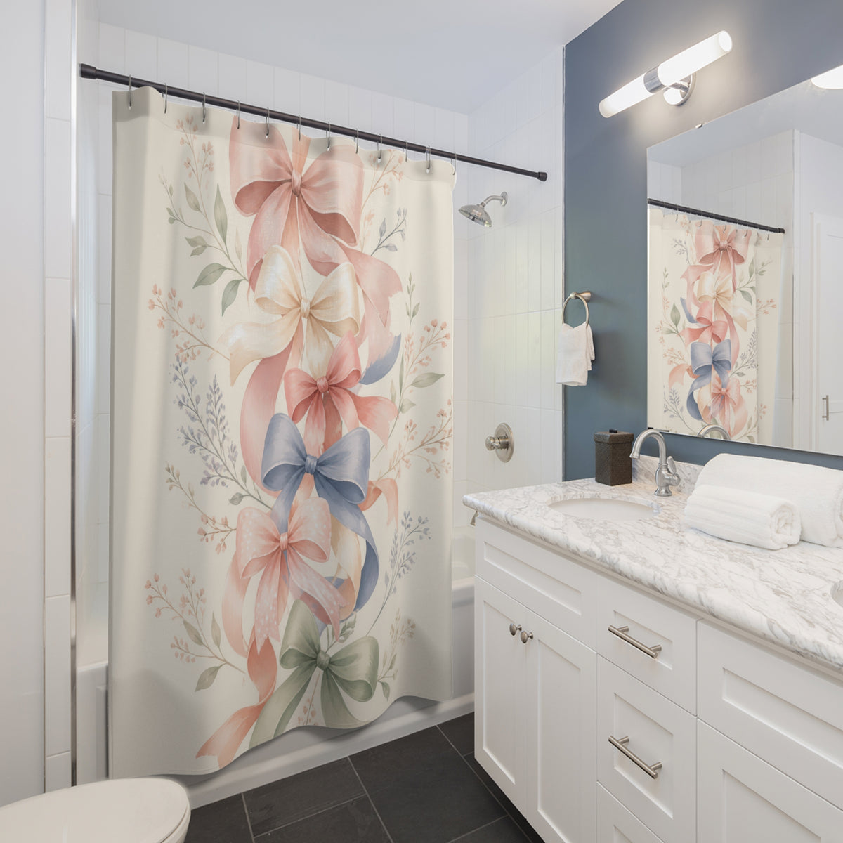 Pastel ribbon bows cascading among delicate botanical sprigs shower curtain beside a white vanity