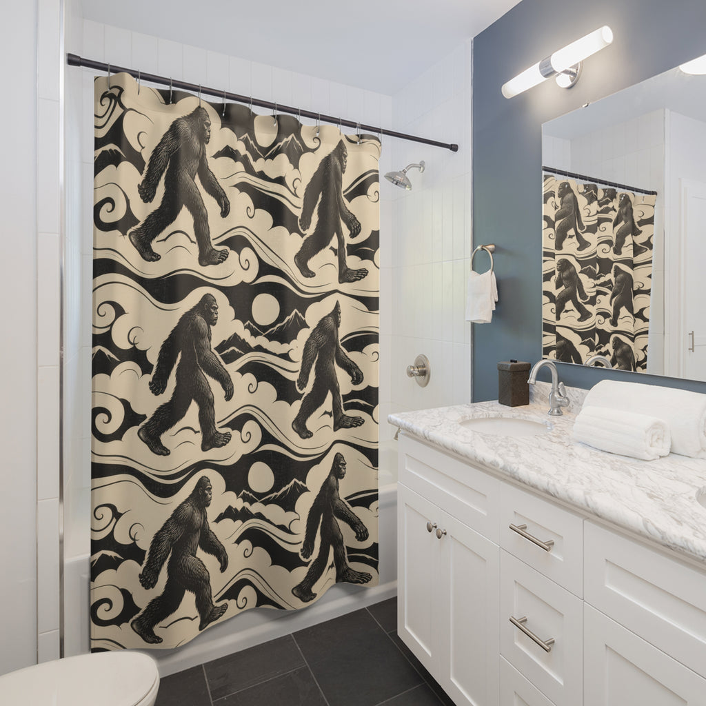 Black Bigfoot figures in cream cloud bands with mountains shower curtain beside a white vanity