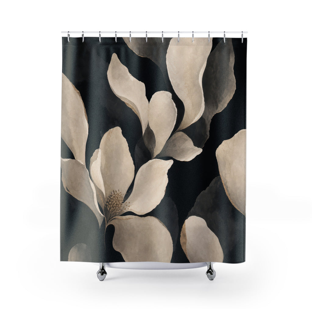 Black Floral Shower Curtain, White Magnolia Bath Decor, Cream Gray Large Flower Pattern, Modern Botanical Guest Bathroom Decor Style